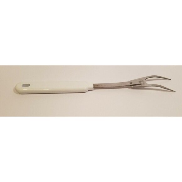 Robinson Knife Stainless Steel Meat Fork 2 Wide Prong 11" White Handle Vintage - Picture 4 of 6